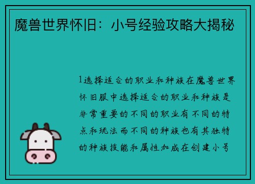 魔兽世界怀旧：小号经验攻略大揭秘